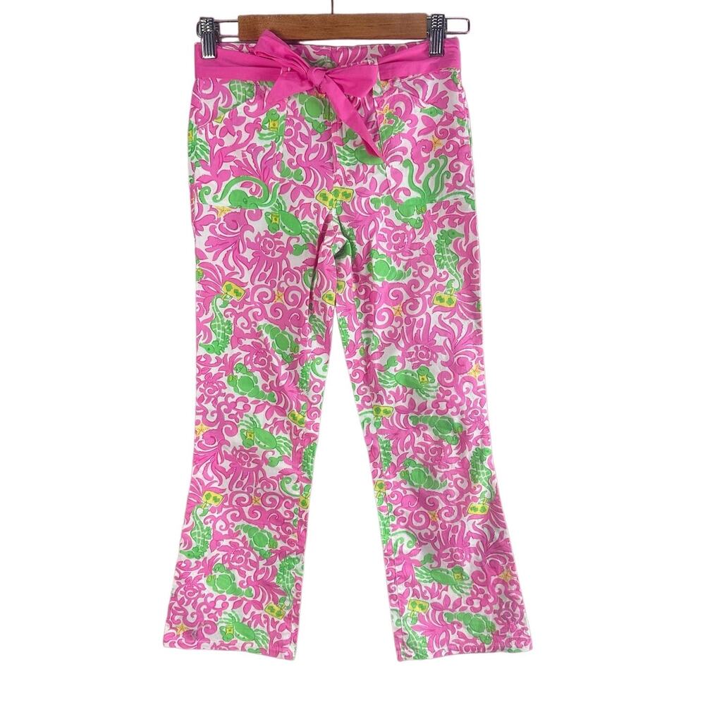 Lilly Pulitzer Girls Tie Waist Pants 10 Heading South Pink Green Crab Octopus